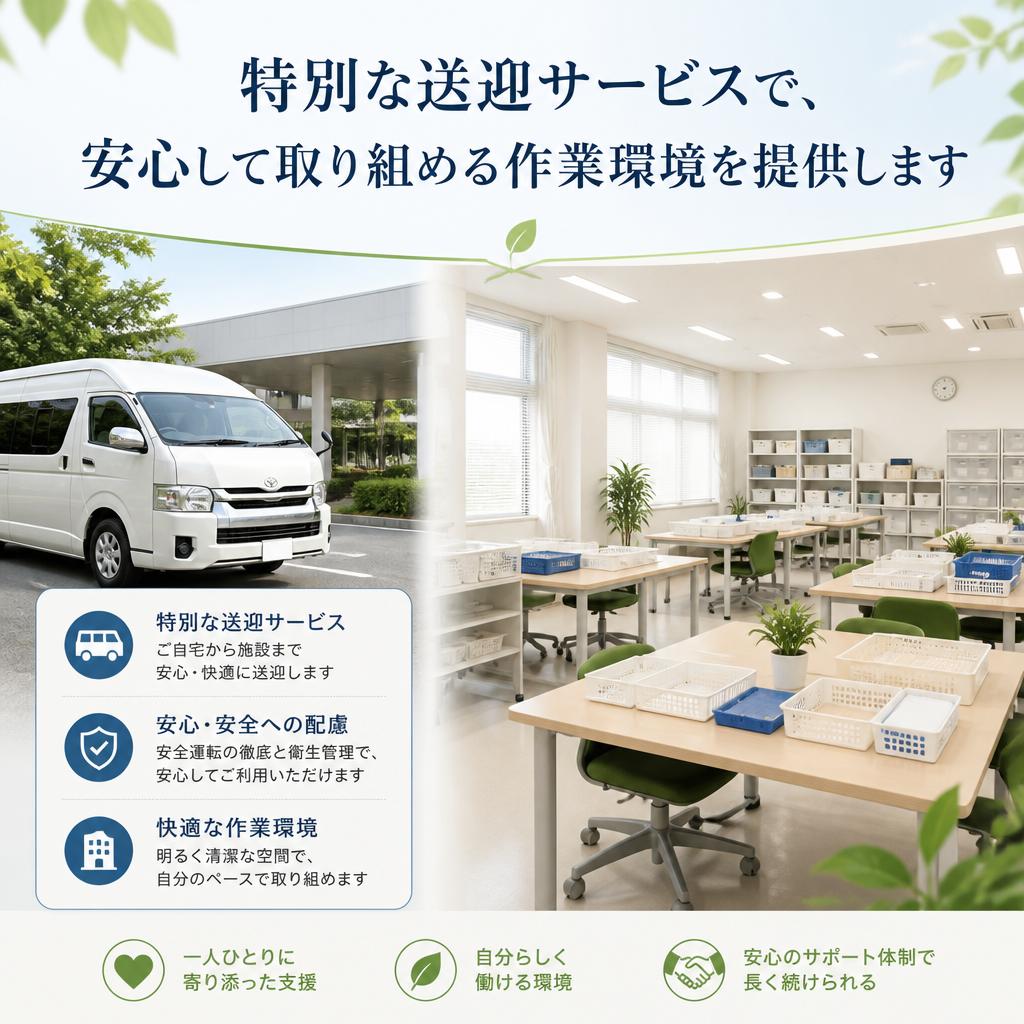 特別な送迎サービスで、安心して取り組める作業環境を提供します